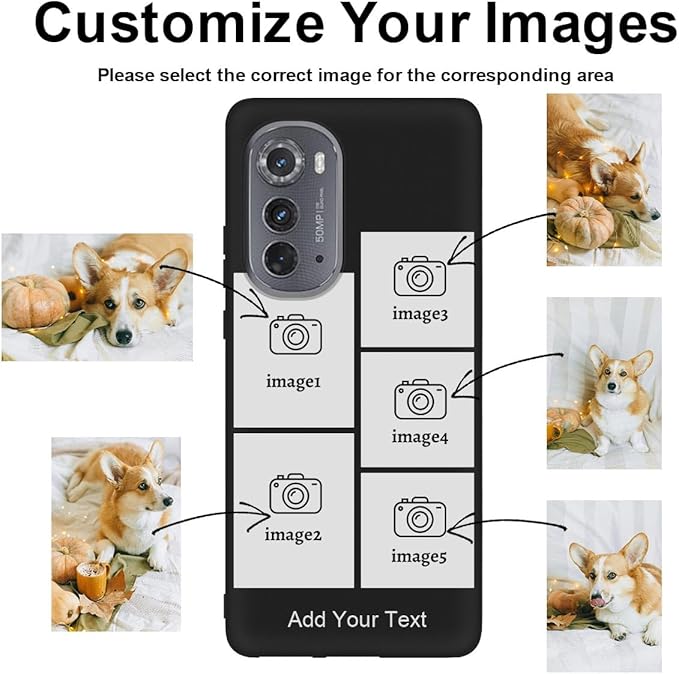 Personalized Picture Case for Motorola Moto Edge 2022 Customized Name Initials Phone Cover, Custom Multi-Picture Collage Shock-Resistant Soft Protective TPU Case, Gifts for Mother's Day, Black