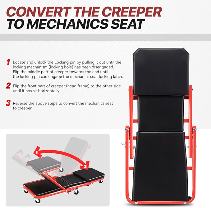 Foldable Rolling 2-in-1 Z Creeper & Seat, 36" Low-Profile Roller Mechanics Under Car Chair, 330 LBS Weight Capacity with 6 Swivel Casters