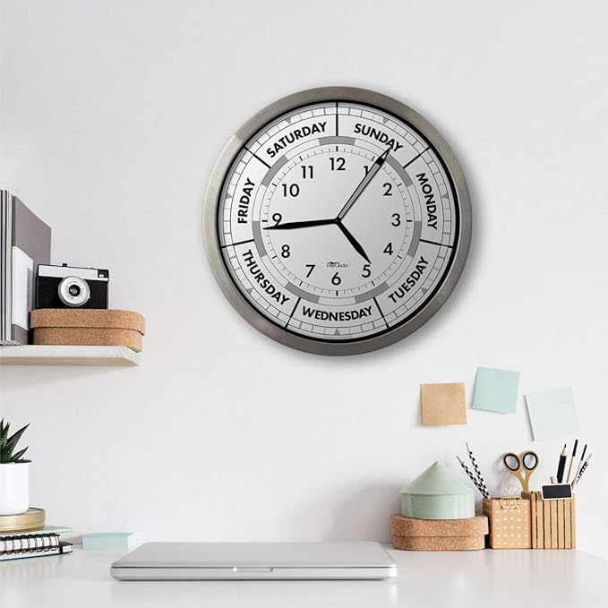 Time & Day of The Week Wall Clock with 12” Modern Aluminum Frame – – Ideal Retirement Gift for Men and Women, Day Clock for Seniors and Retirees