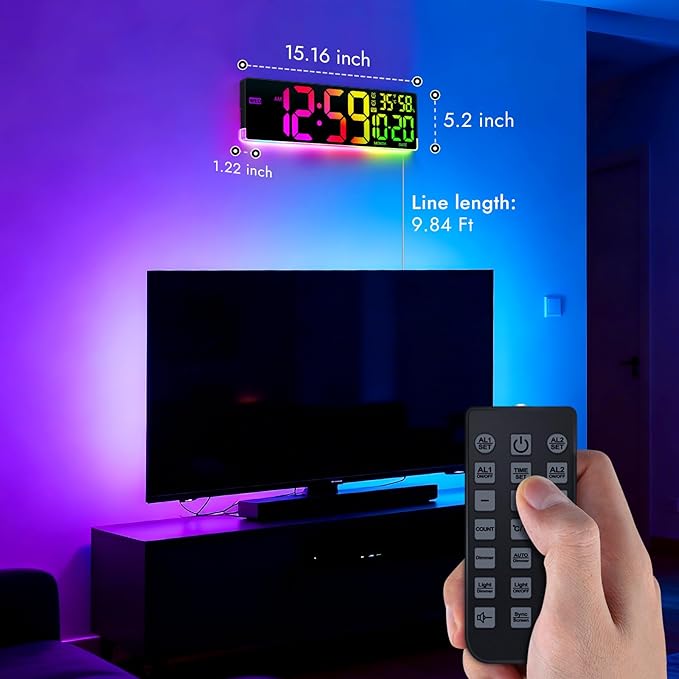 16.5" Large Digital Wall Clock: 11 Screen Colors and 13 U-Shaped RGB Backlight Modes with Sync Screen, Auto DST, Temp & Humidity, Dual Alarm & Timer – Digital Clock for Classroom, Gym, Gaming Room