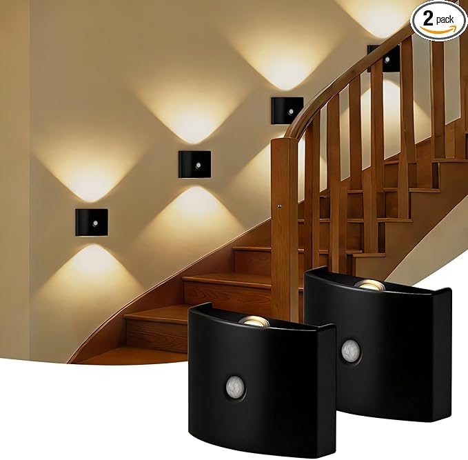 2 Pack Motion Sensor Wall Light, Rechargeable Wall Sconce with 3 Color Temperatures and Brightness Adjustable, Wireless Magnetic Mount for Bedroom, Stair, Hallway, Closet (2, Black)