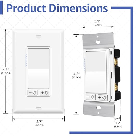 1 Pack Dimmer Light Switch for Dimmable LED Light, Single Pole/3-Way,No Neutral Wire Required,Work with LED/CFL (300W Max) & Halogen/Incandescent (600W Max) Bulbs, UL Listed