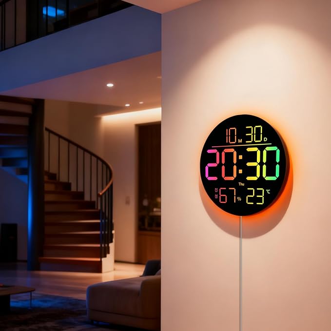 JENLYSTIME 10 Inch LED Digital Wall Clock with RGB Backlight and Countdown Timer｜11 Colors, Dual Alarm, Adjustable Brightness, Temperature & Humidity Display, Modern Silent Clock for Home, Office