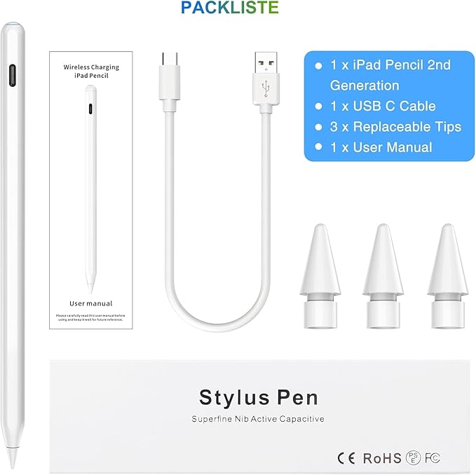 HATOKU Pencil 2nd Generation for iPad: Magnetic Wireless Charging (Air 4/5, Mini 6, Pro 11/12.9" 2018-2023) + USB-C Fast Charge - Stylus Pen for iPad 6-11, Pro 11"/12.9" M4 M5, Air 3-5/M2/M3, Mini 5/6