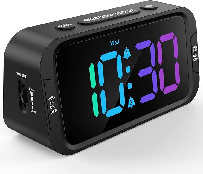 Odokee Digital Dual Alarm Clock for Bedroom: RGB Electric Clock with USB Charger for Kids Teens - Dimmable Clock with Weekday Weekend Mode for Bedside Desk