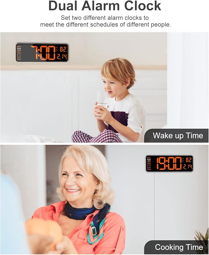 JoFomp Large Display Digital Alarm Clock for Bedroom, Living Room and Office - LED Electronic Clock with DST, Temperature Display - Dimmer & Battery Backup - Modern Desk and Wall Clock (Orange)