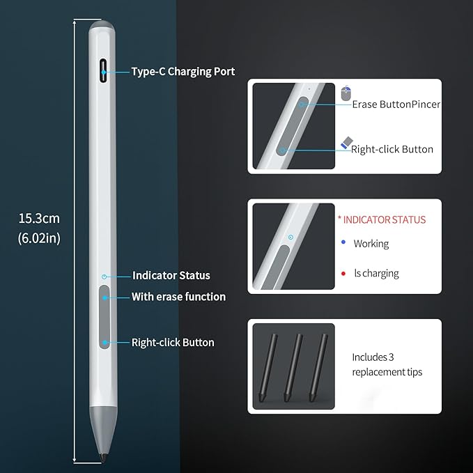 Stylus Pen for ASUS Transformer/Mini/ASUS Zenbook Flip/Pro/ASUS Vivobook Flip/Pro/Duo/ASUS Notebook, Rechargeable MPP 2.0 Tilt Active Pen with 4096 Pressure Sensitivity, Tpye-c Charge, Silver