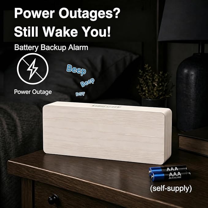 Peakeep Wooden Digital Alarm Clock Large Display, Textured Desk Table Decoration for Bedroom Living Room, Plug in Clock with Time Date Day, 5 Brightness, Auto DST