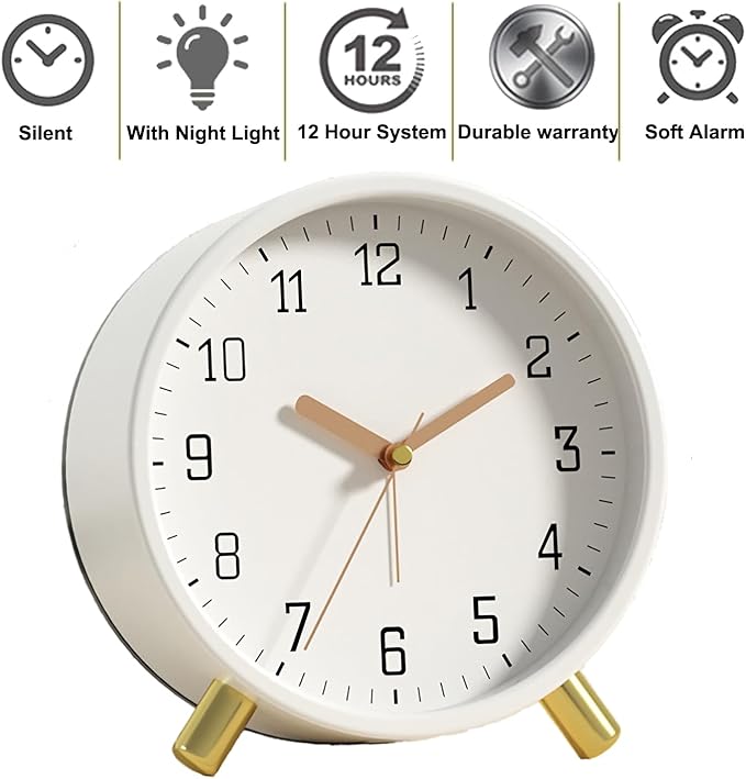 SHISEDECO Alarm Clock with Backlight, 4.5 inches Bedside Analog Non-Ticking Silent Small Deskclock with Arabic Numerals, Battery Operated Round Tableclock for Living Room, Bedroom (White)