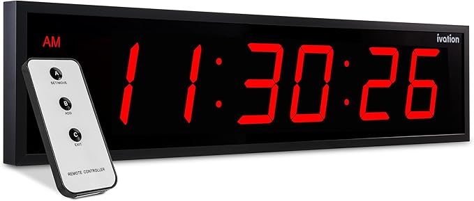 Ivation Oversized Large Digital Wall Clock - Big LED Digital Clock w/Large Display & Durable Aluminum Frame, Shelf or Wall Mount (30 Inch - Red) 6 Brightness Levels | Time Memory | Remote