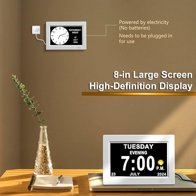 CAZOKASI 8inch Extra Large Impaired Vision Digital Alarm Clock with Day and Time for Elderly DST Calendar Clock No Battery Plug-in Power Outage Memory Auto Dimmable Clock
