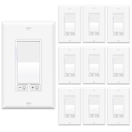 10 Pack Dimmer Switch for LED/CFL Lights up to 300W, Incandescent/Halogen to 600W, No Neutral Wire Required, Single Pole/3-Way, 7-Level & Smooth Dimming, ETL/FCC Certified, White