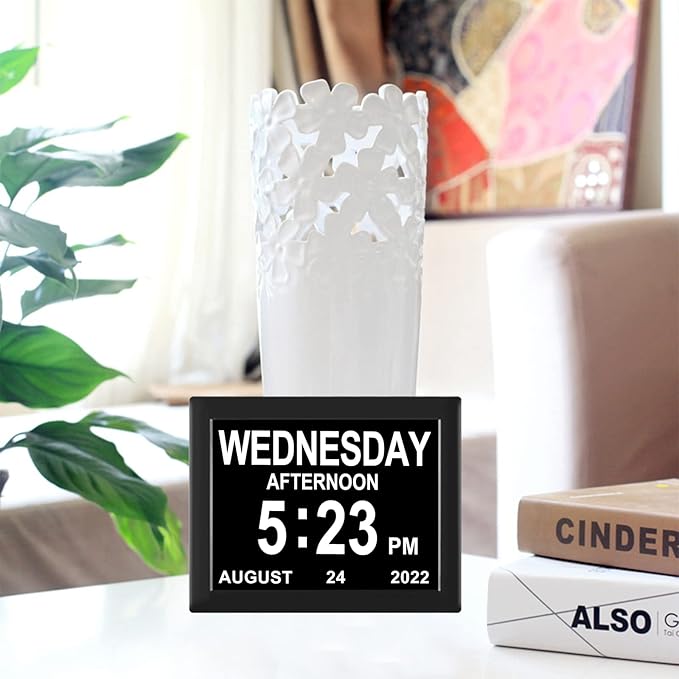 Digital Calendar Clock Date and Time Day of The Week Clock 8 Alarm Options + Auto Dimming for Seniors Dementia Elderly Patients