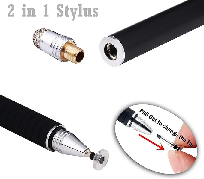 MEKO(2 Pcs) [2 in 1 Precision Series] Disc Stylus/Styli for All Touch Screen Devices Bundle with 4 Replaceable Disc Tips, 2 Replaceable Fiber Tips - (Black/Purple)