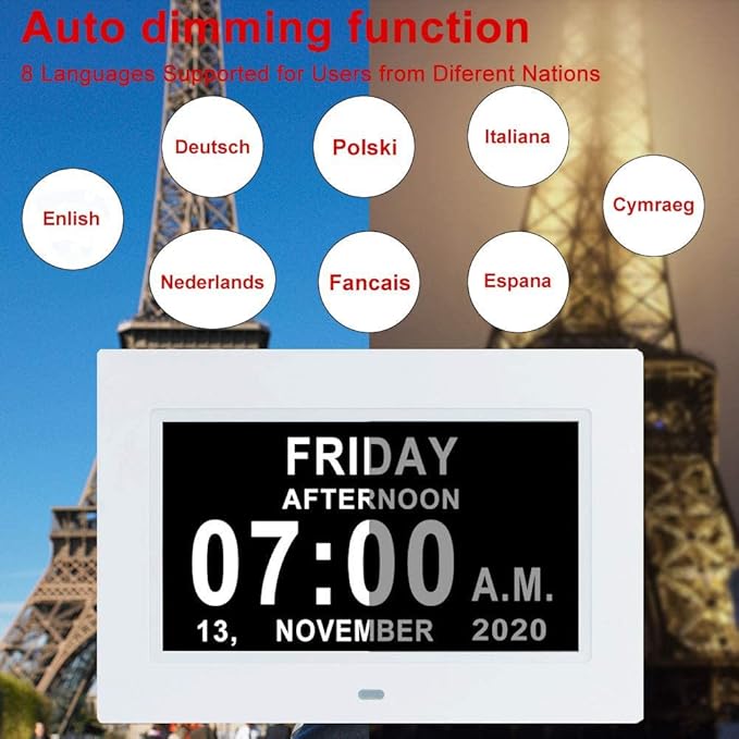 Aowasi Digital Calendar Clock, 12 Custom Alarm Options, Calendar Clock with Day and Date Display 7-Inch Large Display, Digital Clock for Seniors Dementia Alzheimer Memory Loss Vision Impaired Elderly