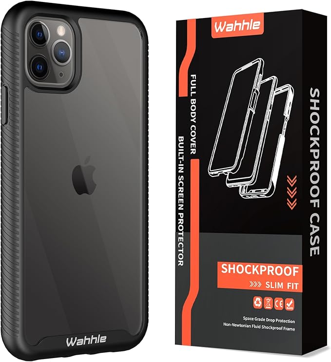 wahhle Compatible with iPhone 11 Pro Max Case, Built in Screen Protector Full Body Shockproof Slim Fit Bumper Protective Phone Cover 6.5'' Men Women-Black/Clear