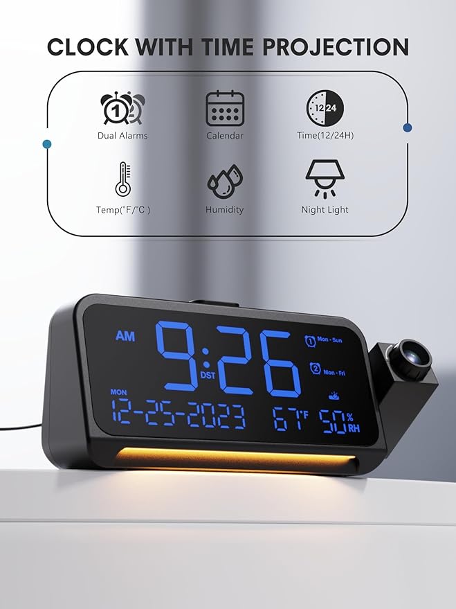Mesqool Projection Alarm Clock for Bedroom Ceiling, Digital Clock Projector with Weekday/Weekend Mode, Date, Temperature, Humidity, Type-C USB Charger, Snooze, Dual Alarms, Dimmer,12/24H