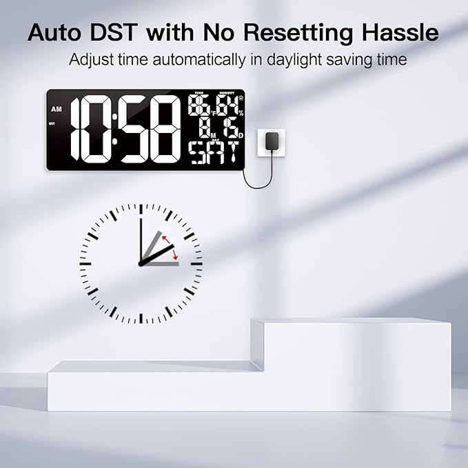 18 Inch Oversized Digital Wall Clock with Remote Control, Auto-Dimming, Temperature, Date/Day of Week, Large Display, Multi-Functional, White