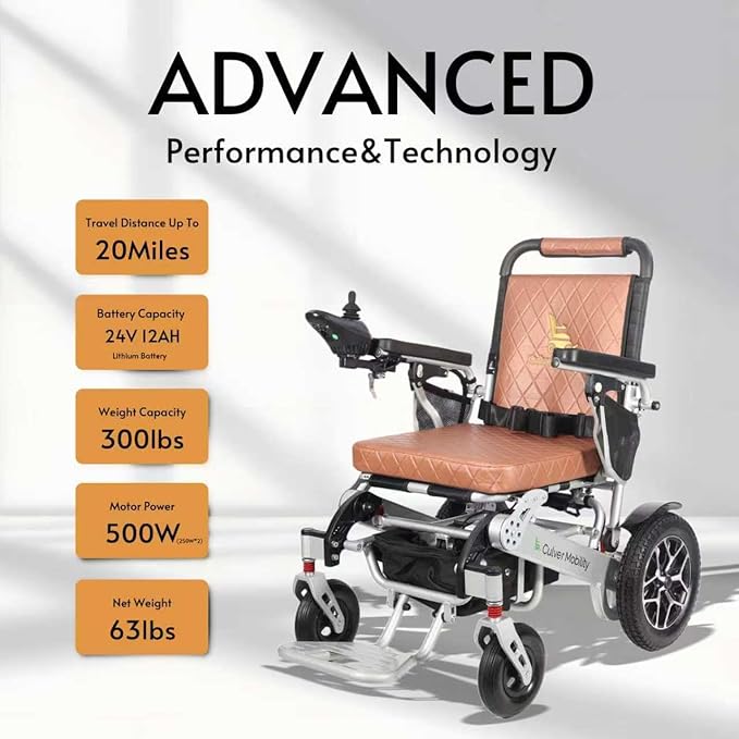 Auto Folding Portable Heavy Duty Electric Wheelchair for Adults and Seniors, One Click Automatic Fold and Unfold Motorized 4 Wheels 500W Motor Power Electric Wheelchair (Wolf - Brown-Auto)