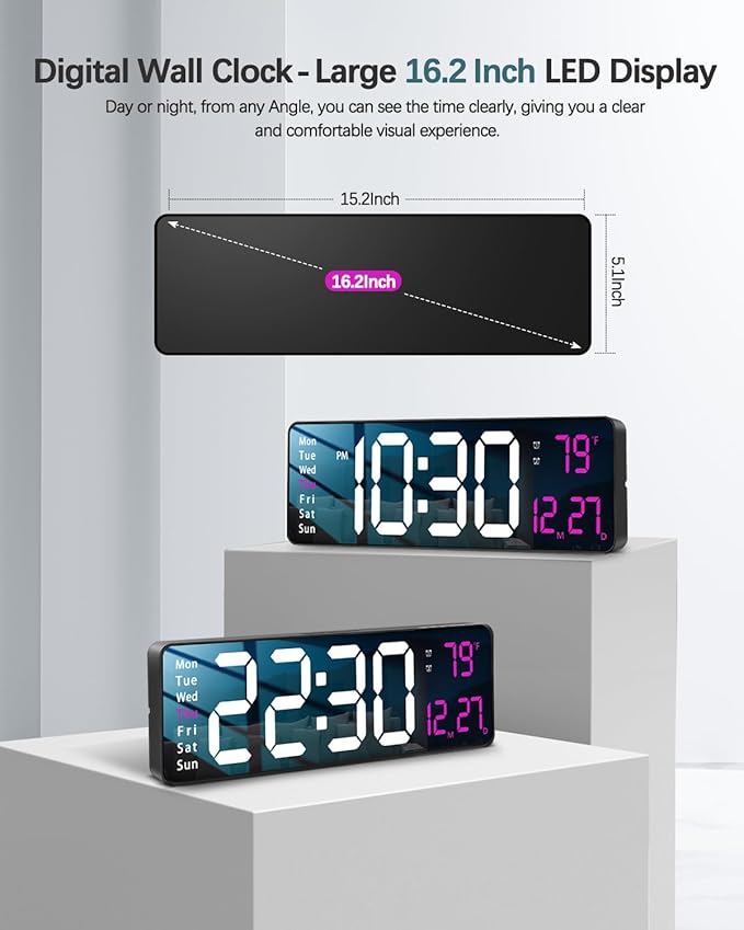 JoFomp Modern 16" Large Digital Wall Clock with Remote Control, LED Display, Auto-Dimming, Countdown, Temperature, Calendar - 12/24Hr Format - Silent Wall Clock for Home, Office, or Gym Use (Pink)