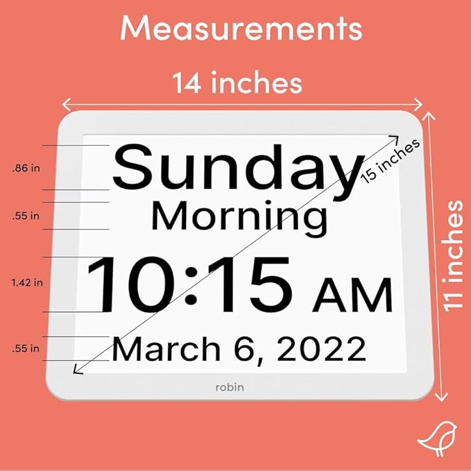 Robin Day Clock 2026 15-Inch Large Digital Calendar Dementia Clock Talking Alarm for Seniors White