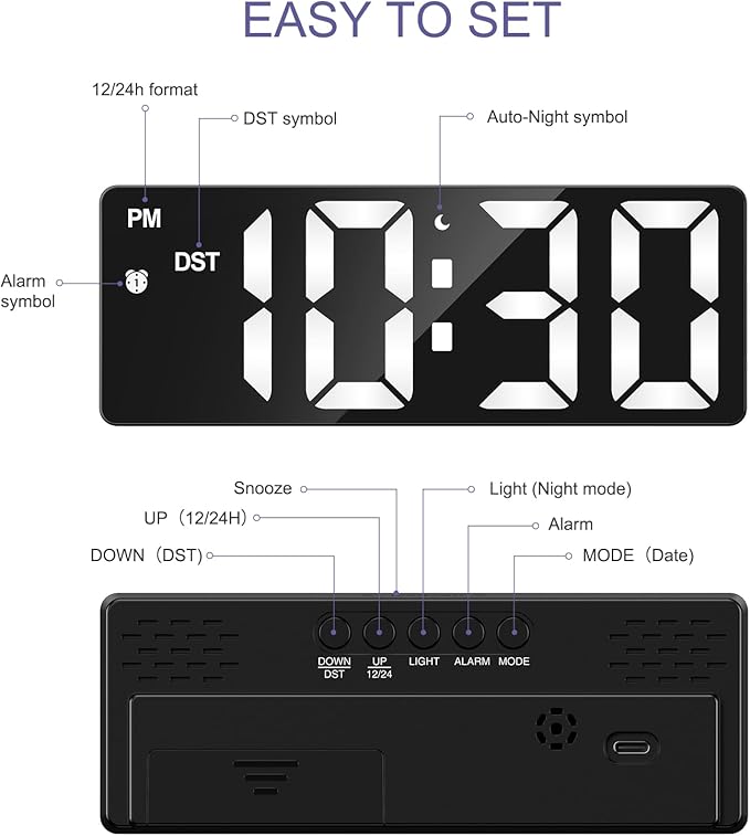 Digital Clock, Alarm Clocks with 6.5' Large Display, Touch Snooze, LED Desk Clock with 4 Adjustable Brightness, 12/24H, Digital Alarm Clock with DST, Easy to Set for Home, Office, Gifts