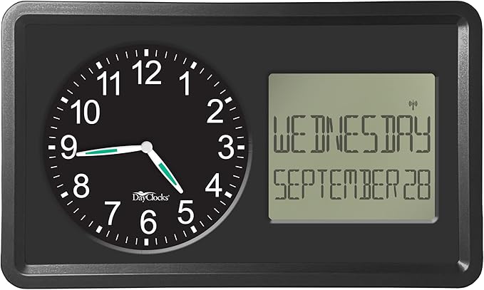 Atomic Combines Analog Time and Digital Display for Day and Date – 10” Display Alarm Clock - Battery Powered Soft Display - Black Frame