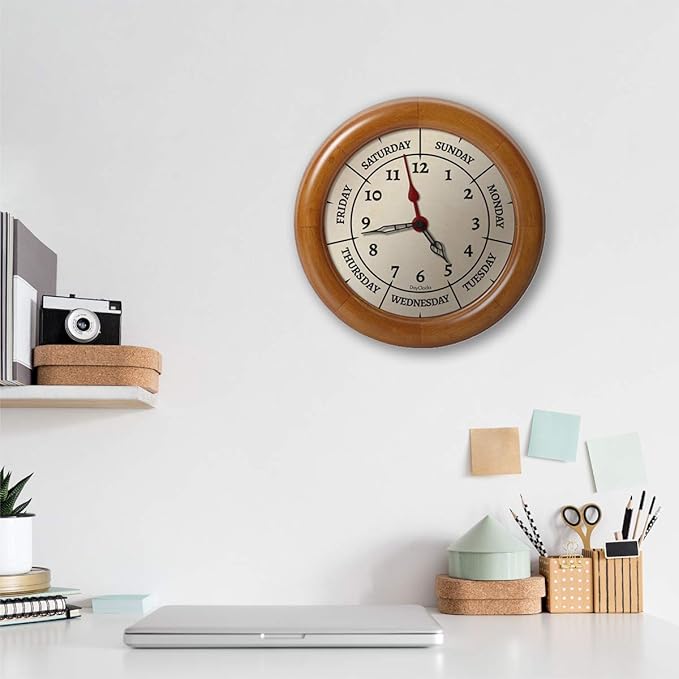 Time & Day of The Week Wall Clock with 10" Solid Pine Wood Frame – – Ideal Retirement Gift for Men and Women, Day Clock for Seniors and Retirees