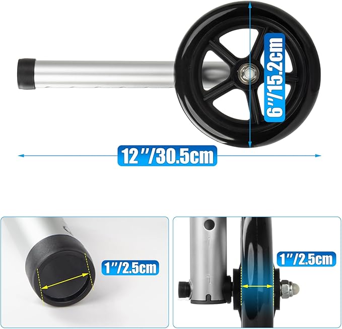 2-Pack Walker Wheels Replacement with Precision Ball Bearings, 6-Inch All-Terrain Wheels for Walkers with Outward-Angled Legs, 7-Level Height Adjustable, 350lbs Heavy Duty, Slip-Resistant Traction