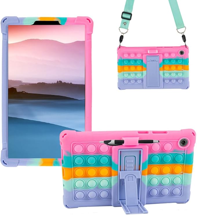 Silicone Tablet Case with Stand/Shoulder Strap/Stylus Pen Soft Cover Compatible with Lenovo Tab One/K9 8.7" Rainbow