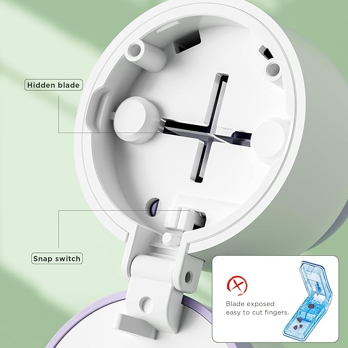 Pill Cutter 1/4 - Pill Splitter with Stainless Steel Blade for Cutting Small Pills or Large Pills in one Fourth, Suitable for Cuting Vitamins, Tablets (1-4 Purple)