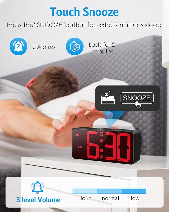 AMIR Battery Operated Digital Clock, Small Digital Clock, Cordless Alarm Clocks for Bedrooms - Large Numbers 4 Dimmers, 3 Volume, 12/24H, DST for Heavy Sleepers