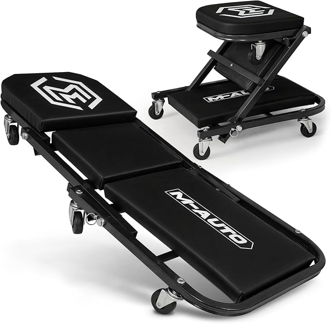 M-AUTO 40-Inch Folding Creeper Rolling Seat, All-in-One Adjustable Roller Garage Chair, Lay Down or Sit, 330LBS Capacity Under Car Roller Creeper with 6 Swivel Casters, Black
