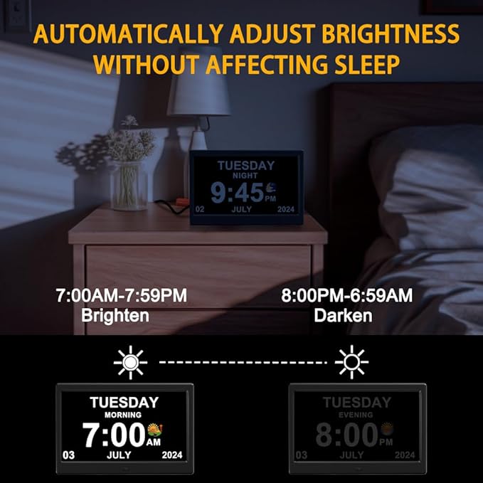 Alarm Clock with Day and Date for Elderly Digital Calendar Clock Photo Frame- Auto Dimmable Display 15 Alarm Options, Clock with Non-Abbreviated Day & Month (10.1 inch Black)
