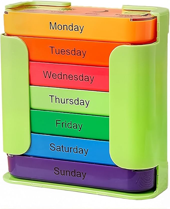 7-Day Medication Organizer - for Effortless Health Management: Stackable Weekly Pill Organizer with 7(Days)×4(Morning/Noon/Evening/Night) Compartments | Travel-Friendly Home Supply (Green)