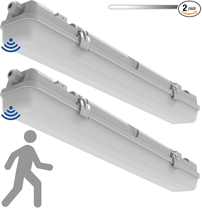 2FT LED Vapor Tight Light, Tri-Level Motion Sensor,IP65 IK08, 10W(1250lm)/20W(2500lm), 5000K, 100-277V, Dimmable, Outdoor Waterproof Shop Light, Vapor Proof Lighting Fixture for Carport, FCC, 2-Pack