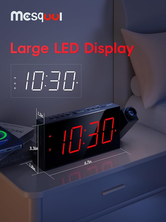 Mesqool Projection Alarm Clock, Digital Clock with 180° Rotatable Projector, 5-Level Brightness Dimmer, Clear LED Display, USB Charger, Progressive Volume, 9mins Snooze,12/24H, for Bedroom
