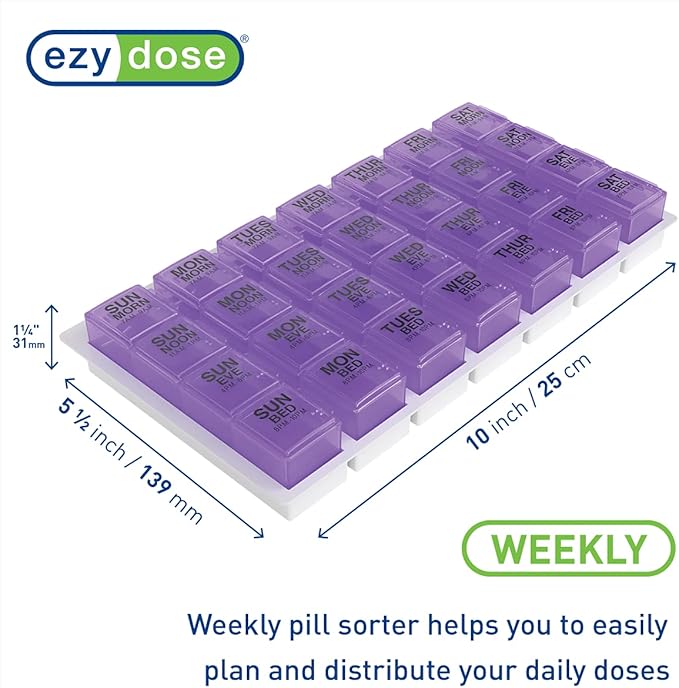Ezy Dose Weekly (7-Day) Pill Organizer, Vitamin and Medicine Box, Large Pop-Out Compartments, 4 Times a Day, Purple
