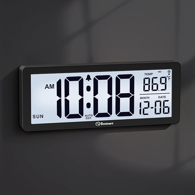 Soobest 8.5" Atomic Digital Wall Clock, Never Needs Setting, Auto Time Sync, Accurate & Easy to Use Clock with Backlight, Battery Operated, Temperature, Date, Auto DST, 4 Time Zones