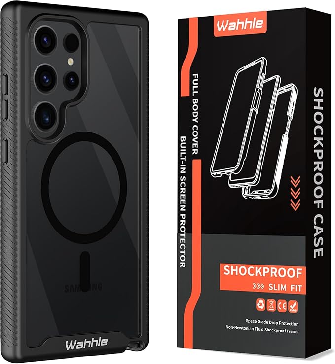 wahhle Compatible with Samsung Galaxy S24 Ultra Case, Built in Screen Protector Full Body Shockproof Slim Fit Bumper Protective Phone Cover 5G 6.8'' -Black/Clear