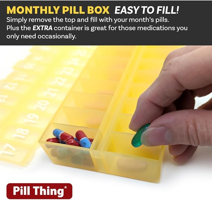 31 Day Monthly Pill Organizer, Once-A-Day Medication Planner with Removable Lid, Large Compartments, 3 Color Set for Multiple People Or 3 Times-Daily Use (3X a Day - Yellow, Clear & Blue)