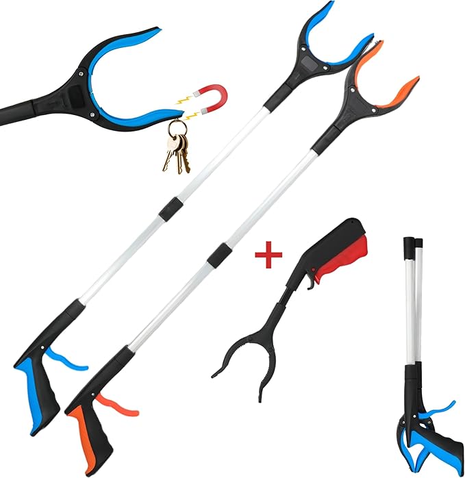 3 Pack Reacher Grabber Tool: 32" Foldable Aluminum Pick Up Tool with Magnet (Blue/Orange) & 12" Mini Iron Grabber, 360° Rotating Head Trash Picker for Seniors & All Users (3 Pack)