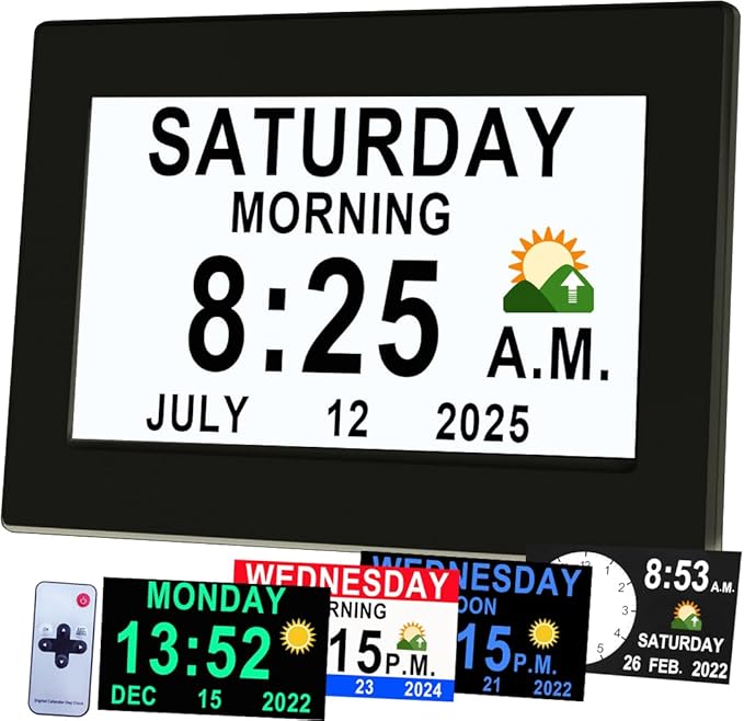 Véfaîî Upgraded Large Digital Calendar Clock with Day Night Icons for Elderly, 20 Custom Reminders, Auto DST, 10 Levels Night Dimmer, 8 Colors 3 Display Modes,10 Levels Volume, 7" Black with Remote