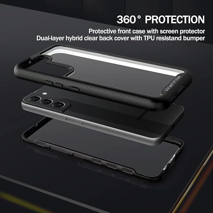 wahhle Compatible with Samsung Galaxy S22+ Plus Case, Built in Screen Protector Full Body Shockproof Slim Fit Bumper Protective Phone Cover for Samsung S22+ Plus 5G-Black/Clear