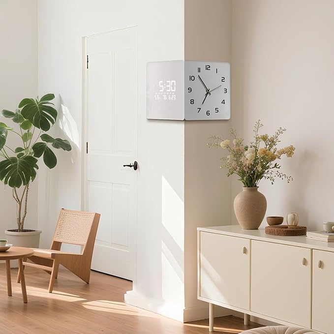 12'' Double Sided 90° Corner Wall Clock, Minimalist White, Radar Motion Activated, Analog & LED Display with Temp Humidity Date Day, Silent Non-Ticking Plug-in for Bedroom Office