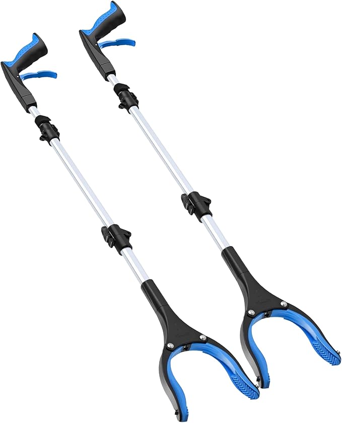 "2 Pack 42.5"" Grabber Reacher Tool, Extra Long Foldable Reacher Grabber Pickup Tool for Elderly, 3-Fold Heavy Duty Rotating Jaw Trash Litter Picker, Reaching Aid for Handicap, Blue"