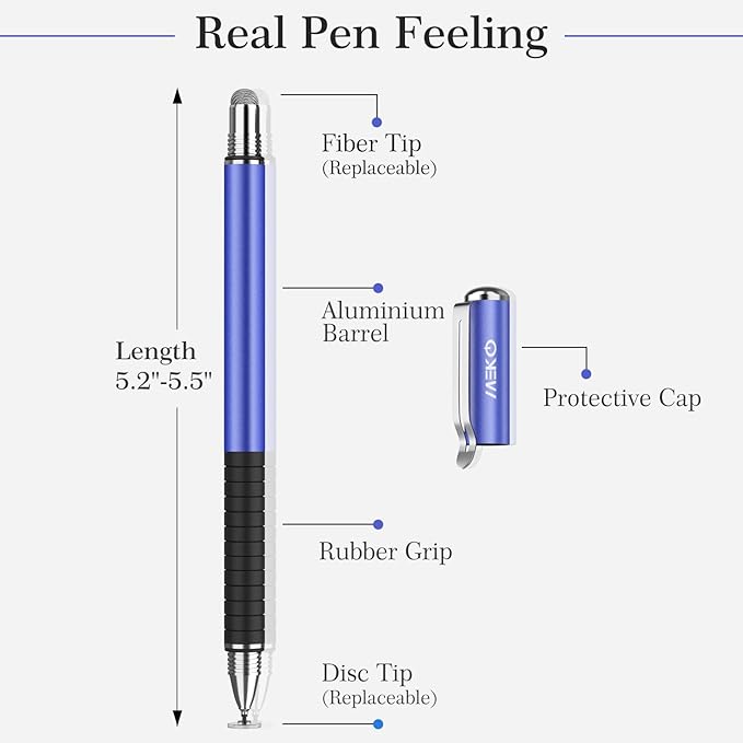 MEKO Stylus Pens for Touch Screens, 2 in 1 Universal Disc Stylus Pens for iPhone, iPad and All Capacitive Cell Phones, Tablets, Laptops Bundle with 6 Replacement Tips - (2 Pcs, Blue/Silver)
