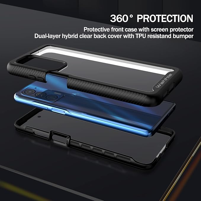 wahhle Compatible with Motorola Edge 5G UW Case, Built in Screen Protector Full Body Shockproof Slim Fit Bumper Protective Phone Cover for Edge 2021-Black/Clear