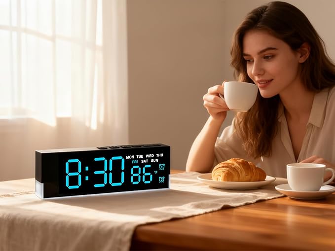 45MinST 7-Inch LED Digital Alarm Clock with Bottom Glow Light｜Displays Time, Date, Day, Temperature｜Dual Alarms, DST, Auto/Manual 3-Level Brightness, Battery or USB Powered Desk Clock,Blue