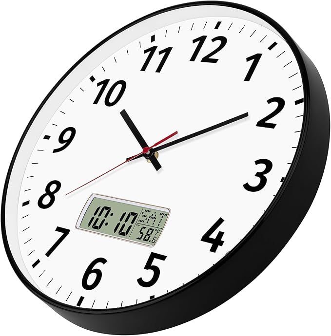 Foxtop 14 Inch Digital Wall Clock with Time, Day of Week and Temperature, Silent Non-Ticking Battery Operated Round Digital and Analog Black Wall Clock for Office Classroom Bedroom Home School
